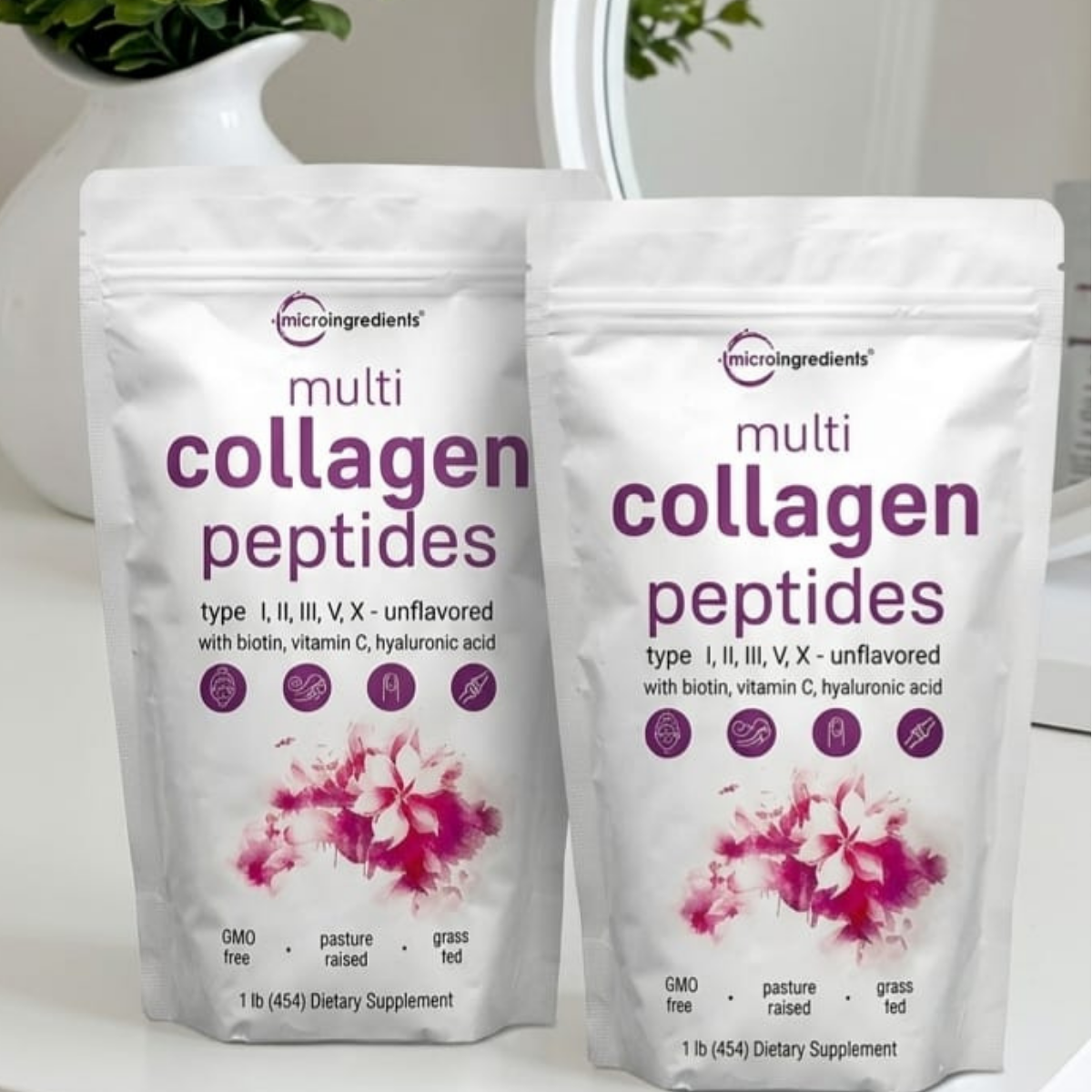 Multicolágeno Péptidos de Microingredients® 1lb Mezcla Avanzada de 5 Colágenos, Biotina, Vitamina C y Ácido Hialurónico